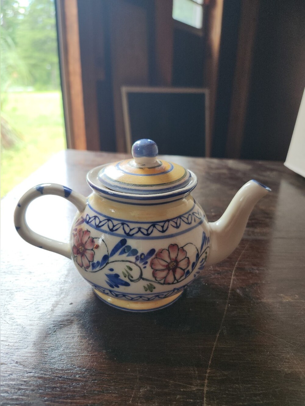 Hand-Painted Floral Ceramic Teapot in Blue and Yellow
